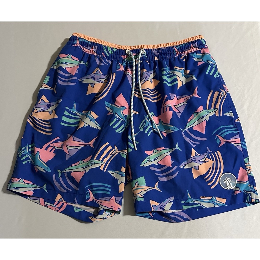 Chubbies Swim Trunks Men Medium‎ 7" Blue Shark Print Lined Board Shorts